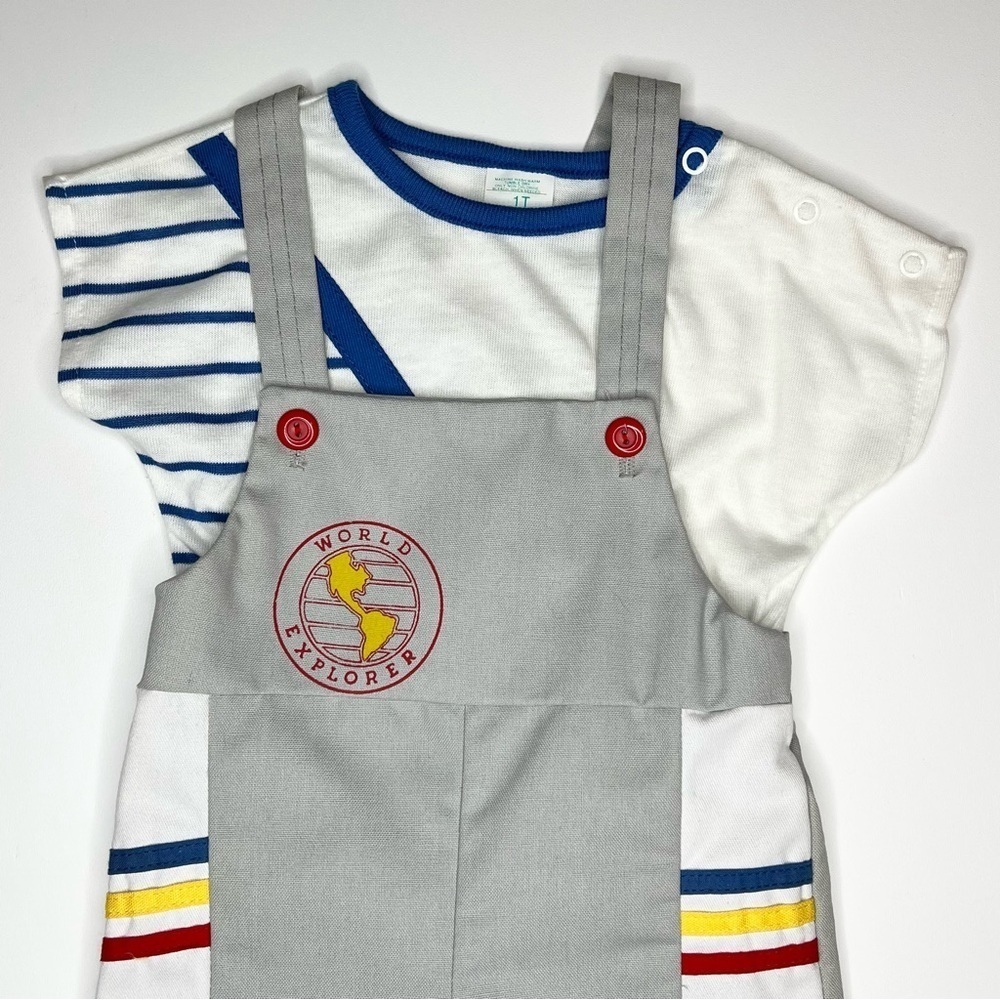 Vintage 70s Toddler Baby Boys Overall Set Striped Retro Mod Outfit 1T NWOT - Picture 3 of 9